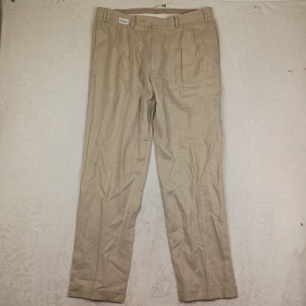 Lauren Ralph Lauren Linen Pants Mens 36W 34L Beige Pleated Cuffed Summer Pant